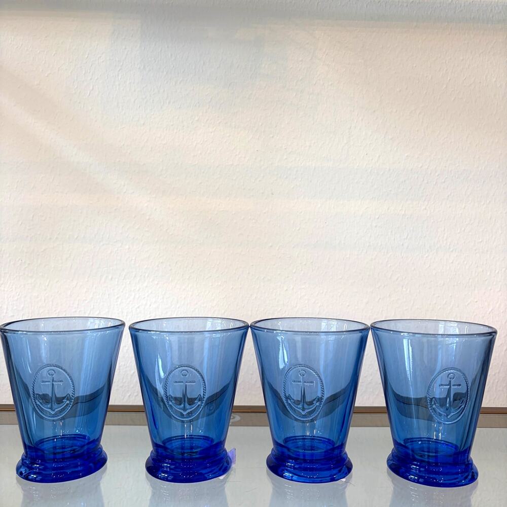 La Rochere France Cobalt Blue Anchor Tumblers Set of 4 Drinking  Glasses NEW